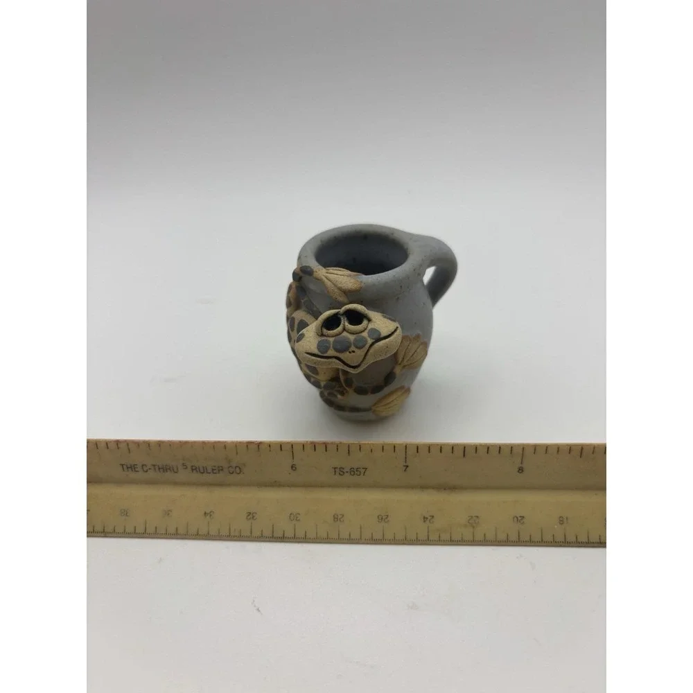 Vintage Ray & Tami Bier Pottery Charlevoix MI Folk Art Frog on Miniature Pitcher